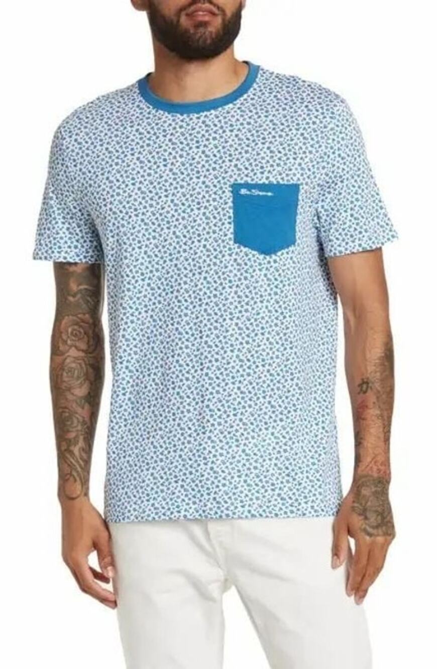 Ben Sherman Shirt Men's Size Medium NWT Micro Floral Pocket T-Shirt Blue White